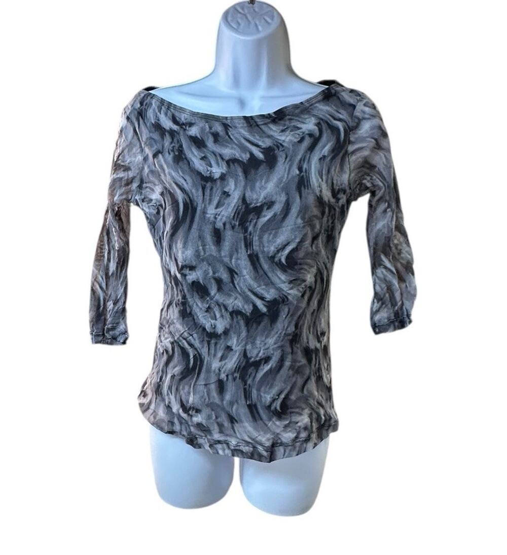 Cache Sheer Mesh Top Gray Black Abstract Print Stretch Y2K Clubwear Large